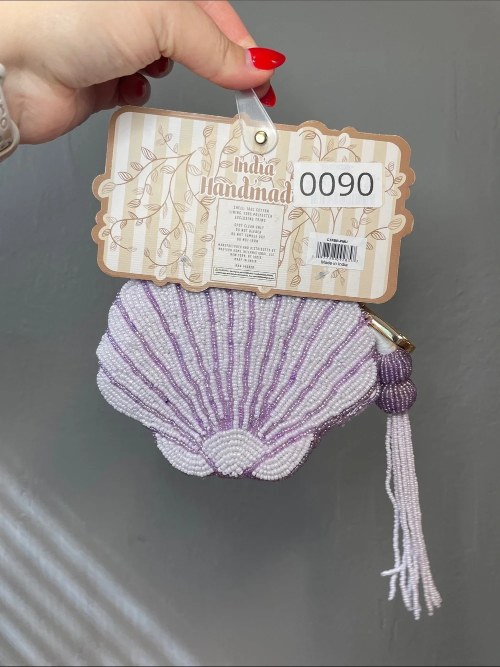 Handmade Beaded Shell Coin Purse - Lavender & White - NWT